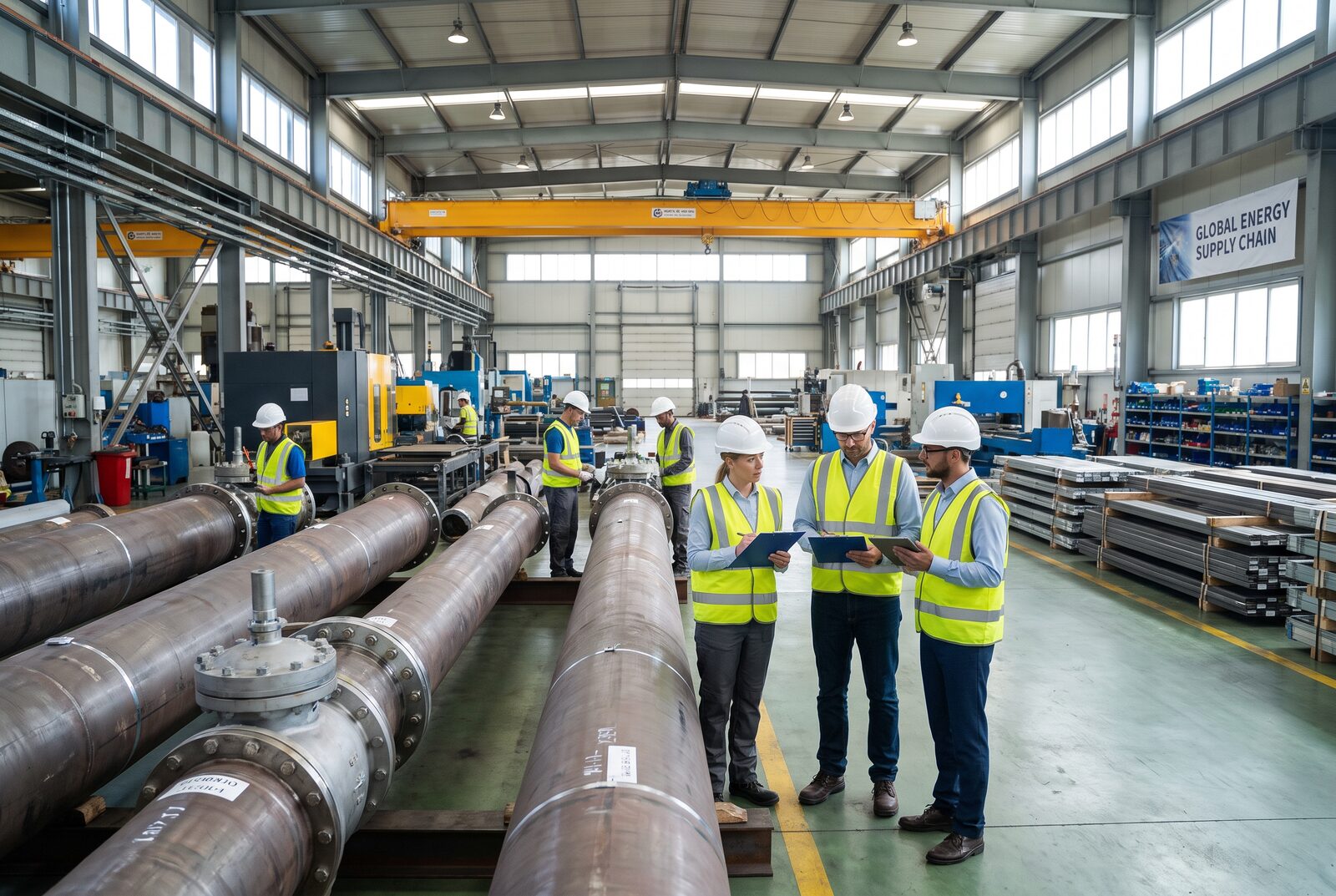 Ingenieros e inspectores revisando tubería y válvulas en una instalación industrial